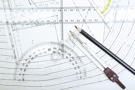 用圆规尺子和铅笔计划特写照片图片