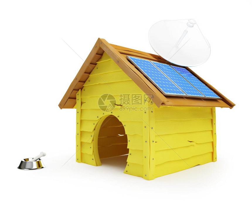 白色背景上有太阳能电池板和天线的狗屋图片
