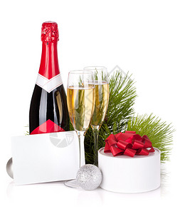 香槟和圣诞礼物孤立图片
