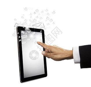 商人的手触摸平板电脑屏幕上的白色隔离用于高科技图片