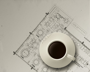 3d咖啡杯以建筑蓝图图片