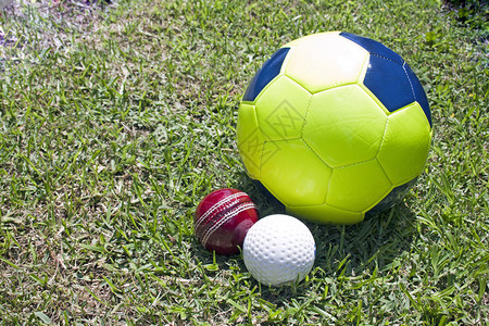 绿色草地上的足球板和曲棍球背景图片