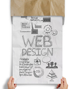 手拿着纸背景海报上的网页设计手绘图片