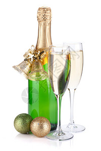香槟酒瓶眼镜和圣诞节装饰品图片