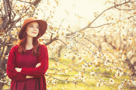 一个美丽的红发女人的肖像穿着红色毛衣和帽子在春天日落时在花朵图片