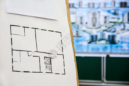公寓的建筑素描在住宅区现代项目模糊的背景下图片