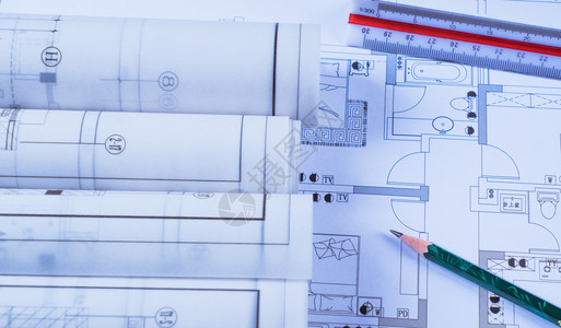 建筑蓝图和蓝图卷以及工作表上的绘图工具图片