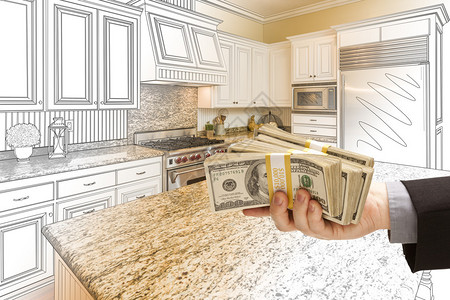 手袋上装满钱的自制厨房设计图图片