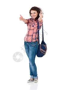 背包显示拇指标志的漂亮女学生孤立图片