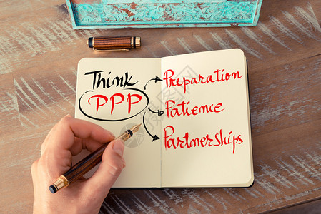 ppp复古效果和女人手在笔记本上用钢笔写便条的色调图像手写文本认为PPP作为准备耐心伙伴关系作为背景