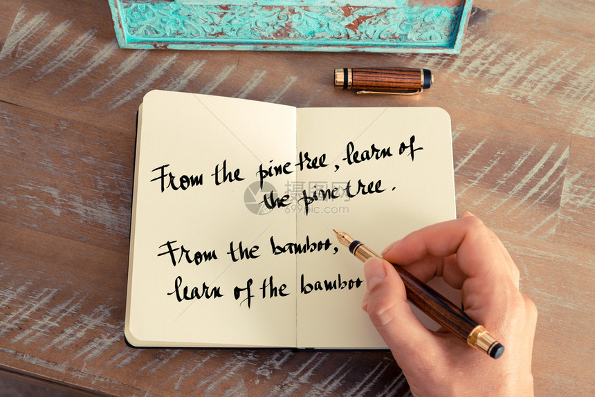 女人手写在笔记本上的复古效果和色调图像手写禅宗谚语从松树中学习松树以竹为鉴图片
