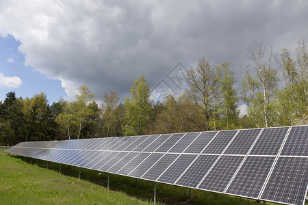 春季开花草原上的太阳能发电站图片