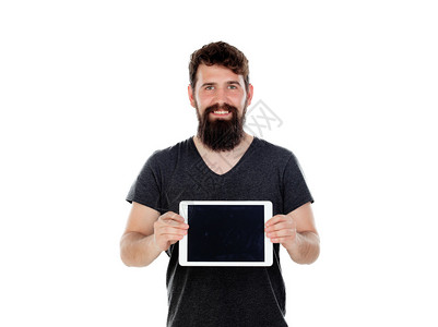 长胡子长胡子的年轻人拿着数字平板电脑图片