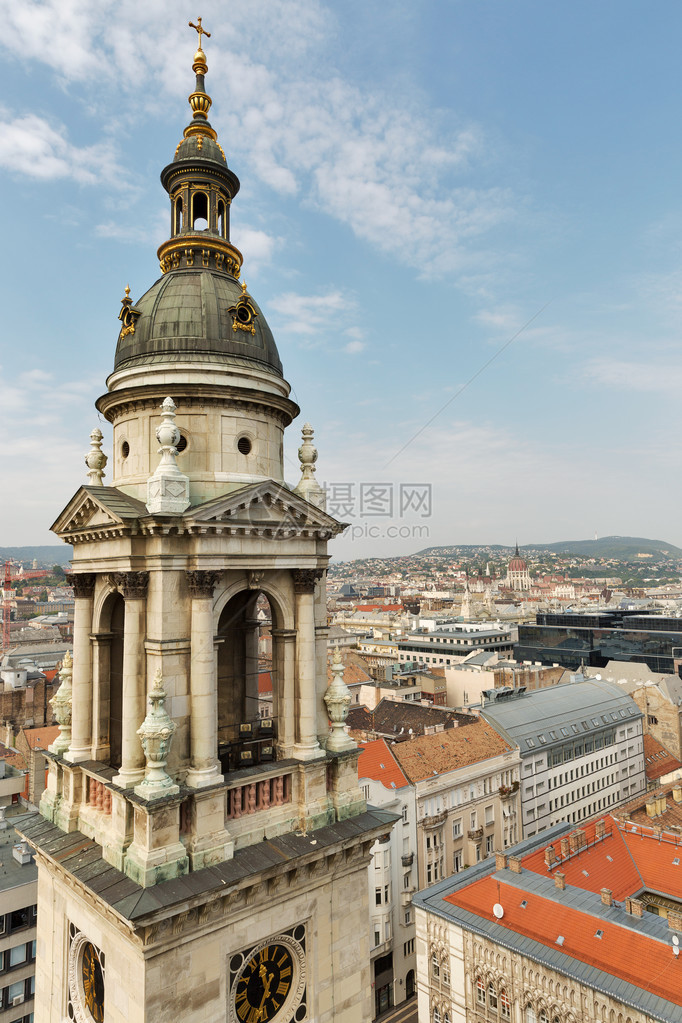 匈牙利圣史蒂芬钟塔的布达佩斯市风和巴西利卡航空景象图片