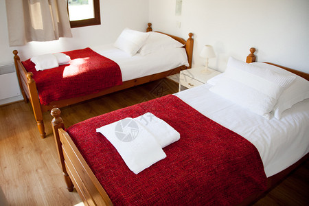 新房子里的卧室有两张红色的单人床图片