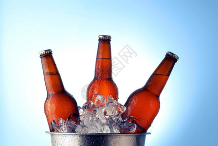 三个棕色啤酒瓶装在冰桶里图片