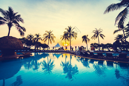 日出时酒店度假村室外游泳池周围美丽的豪华伞椅和椰子树图片
