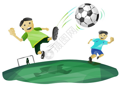 一个男孩在比赛中踢足球卡通风格的图片