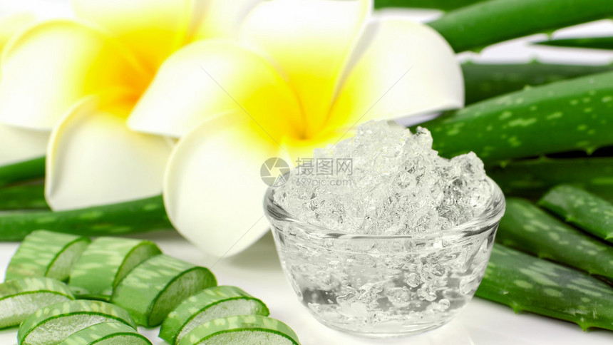芦荟叶和鸡蛋花背景上的纯芦荟凝胶芦荟凝胶几乎用于食品医图片