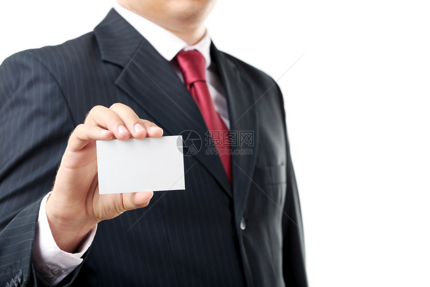 商人手上拿着空白卡在白色背景的白图片