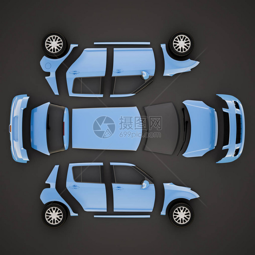 汽车零件顶视图3D插图高质量图片