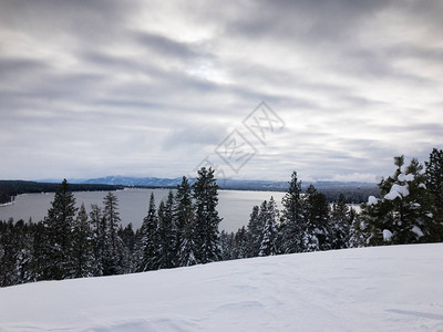 与多雪的前景的湖俯视图片