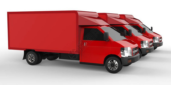 三辆小红色小卡车汽车交货服务向零售商店提供货物和产图片