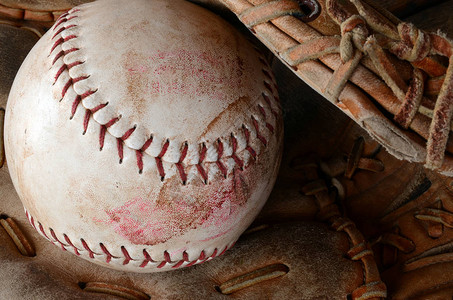 旧而肮脏的棒球设备的特写图像背景图片