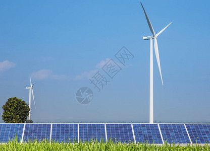 太阳能电池板光伏和风力涡轮机从自然生态概念的发电站替图片
