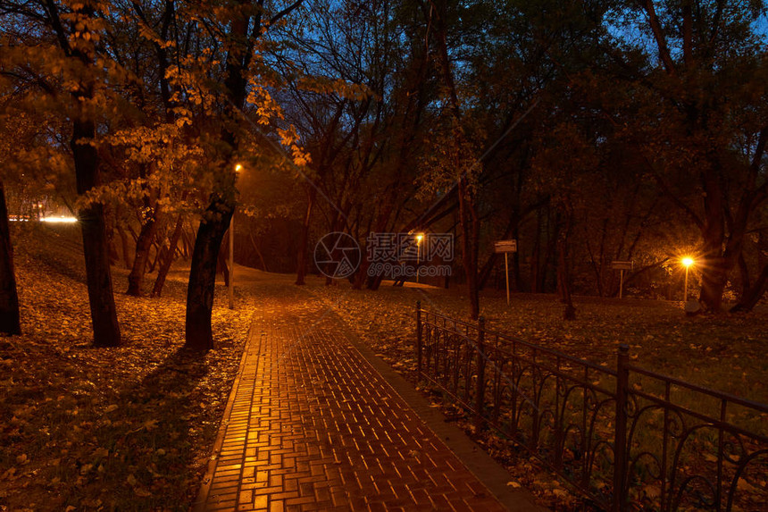 晚上在公园和路灯在莫斯科Babushkinskiy区的Yauza河附近的公园公园标志上写着海岸保护区和图片
