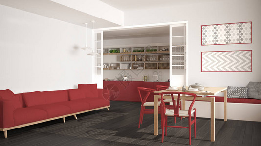 拥有沙发桌椅白色和红色现代室内设计的最起码图片