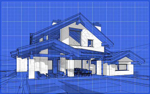 出售或出租木屋风格的现代舒适房屋的3D渲染草图蓝色图形网格纸背景的图片