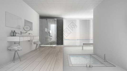 未完成的最低限度白色和灰色浴室项目图片