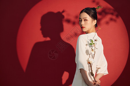 红色竖屏国风中国式传统知性美女手拿梅花背景