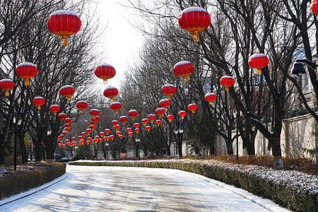 别墅区雪景习俗和庆典高清图片