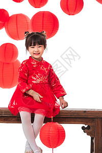 小女孩拿着红灯笼喜迎新春高清图片