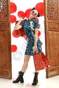旗袍促销手机端模板快乐女人新年购物背景