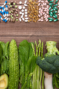 牛油果色多色药品和绿色蔬菜背景