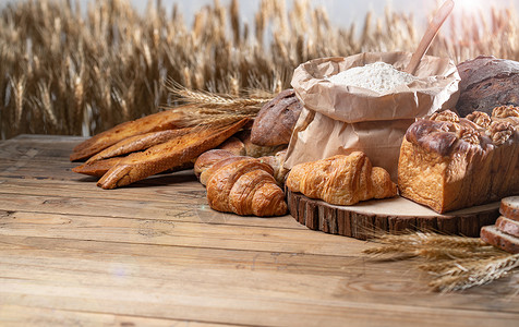 创意袋子面包和麦子背景