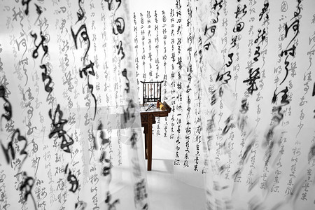 中国古典家具书法展示和文房四宝背景