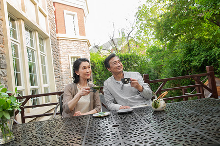 老年夫妇坐在院子里喝茶图片