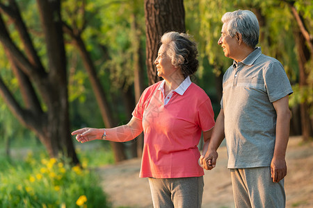 幸福的老年夫妇在公园散步图片