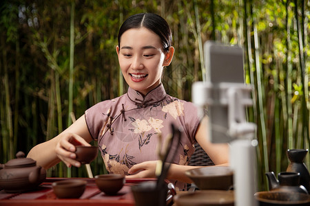 茶道培训宣传单青年女人在线直播茶艺背景