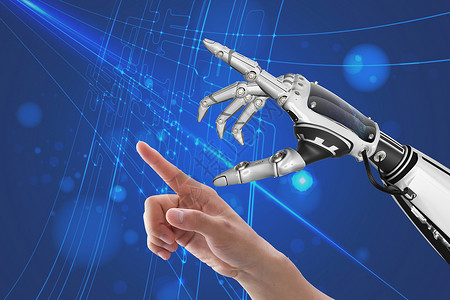 现实与虚拟科技人类与机器人的手对接元宇宙符号背景