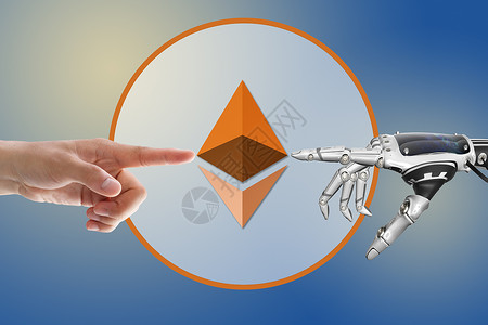 区块链币人类与机器人的手对接元宇宙符号背景