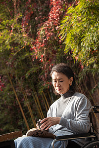 休闲看书晒太阳孤独的老年女人在院子里晒太阳背景