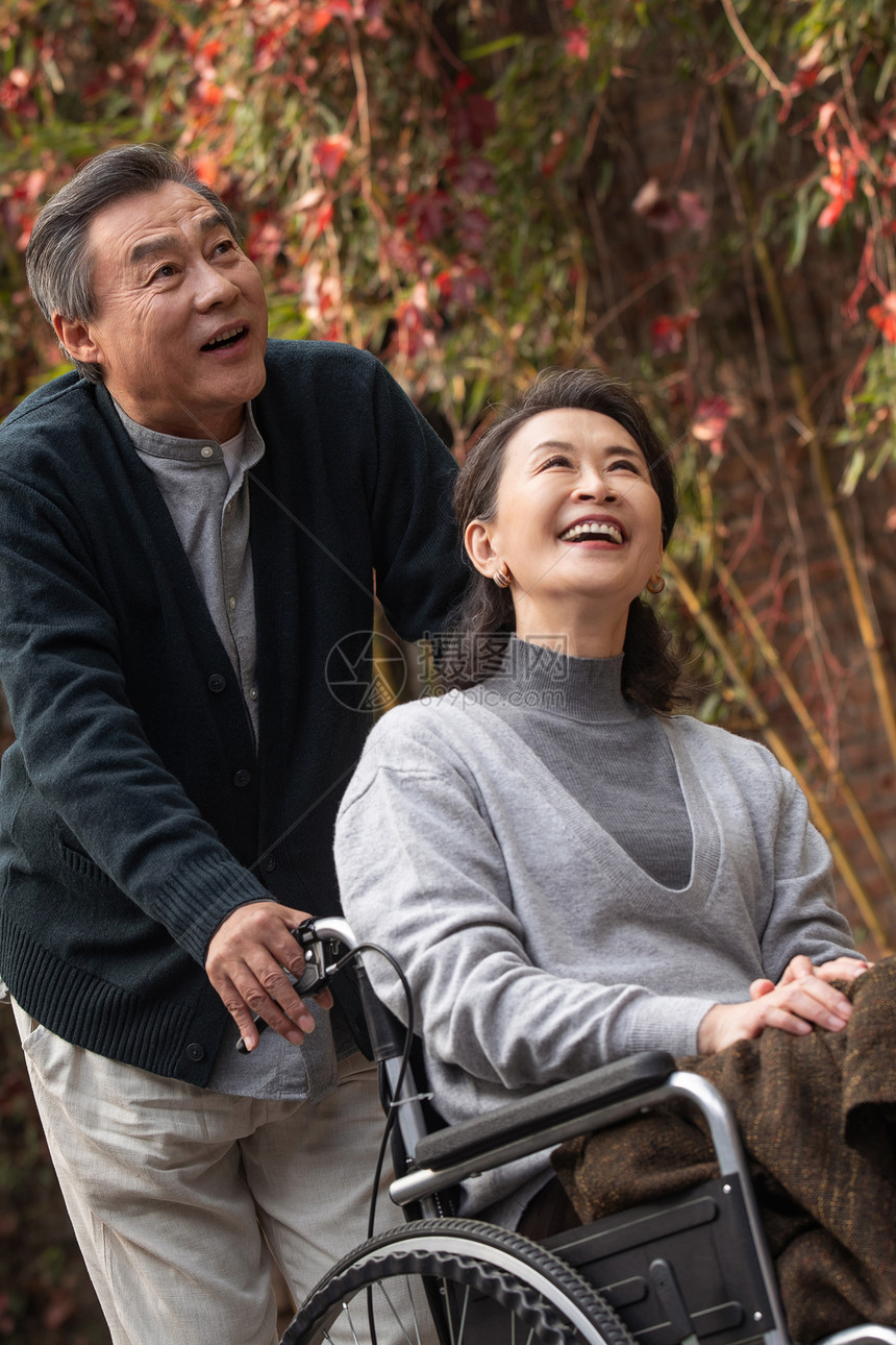 老年男推着坐轮椅的老伴图片