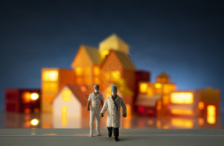护士鸽子素材房屋楼群和人类形象模型背景