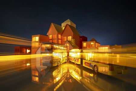 双层房子房屋楼群和双层巴士模型背景