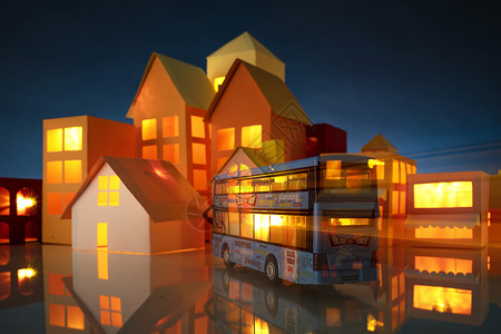 房屋楼群和双层巴士模型图片